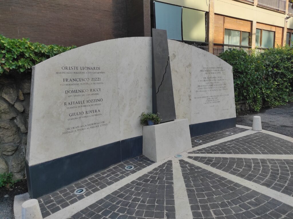 La lapide posta all'incrocio tra via Fani e via Stresa a memoria del rapimento di Aldo Moro e dell'uccisione dei componenti della sua scorta.