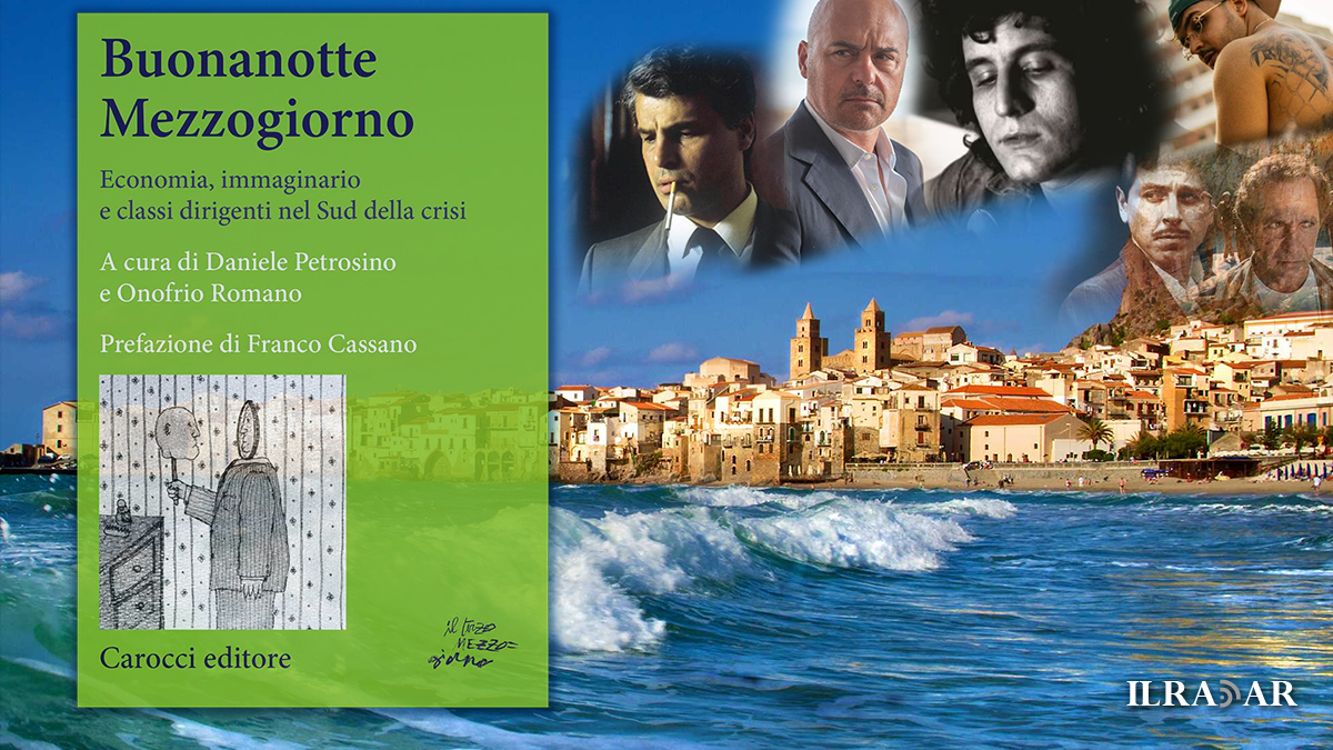 La copertina di Buonanotte Mezzogiorno con personaggi del cinema e della televisione e vedute che rappresentano il Sud