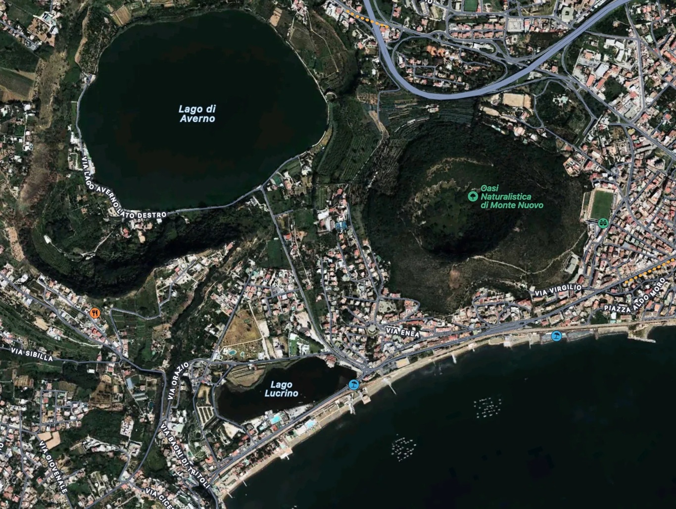 Foto satellitare dei Campi Flegrei con il Monte Nuovo a destra. Foto Google Maps