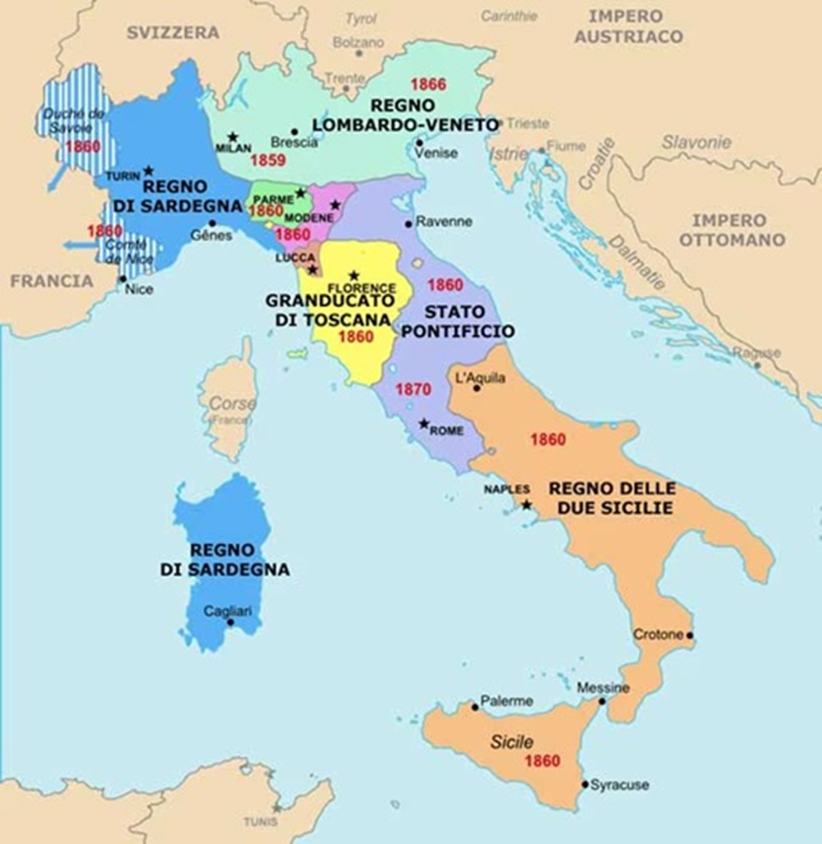 Cartina Politica dell'Italia preunitaria. Dopo l'Unità d'Italia tutti gli stati della penisola entrarono a far parte del Regno - Foto Wikipedia