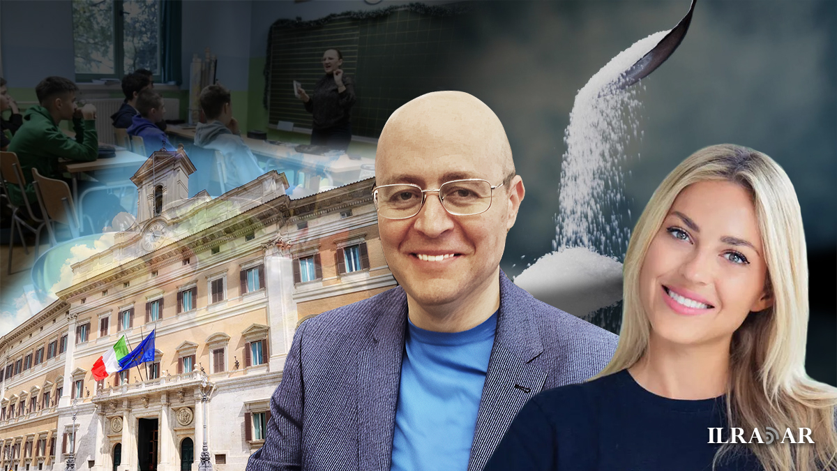 Da destra Natalia Gera di Intensive21 e Domenico DI Sarno direttore del Radar. Sullo sfondo gli zuccheri e il palazzo di Montecitorio dove il ddl è stato depositato il 5 maggio scorso