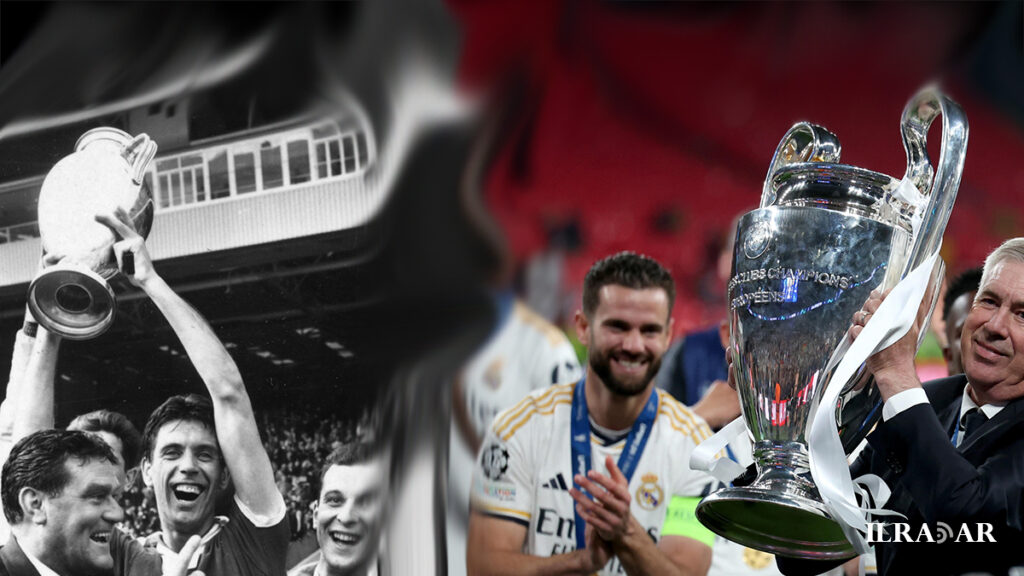 Immagini di partite e il trofeo della Coppa dei Campioni Champions League