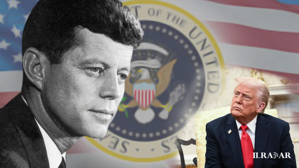 Il presidente Kennedy, il sigillo del Presidente degli Stati Unit e l'attuale presidente Donald Trump
