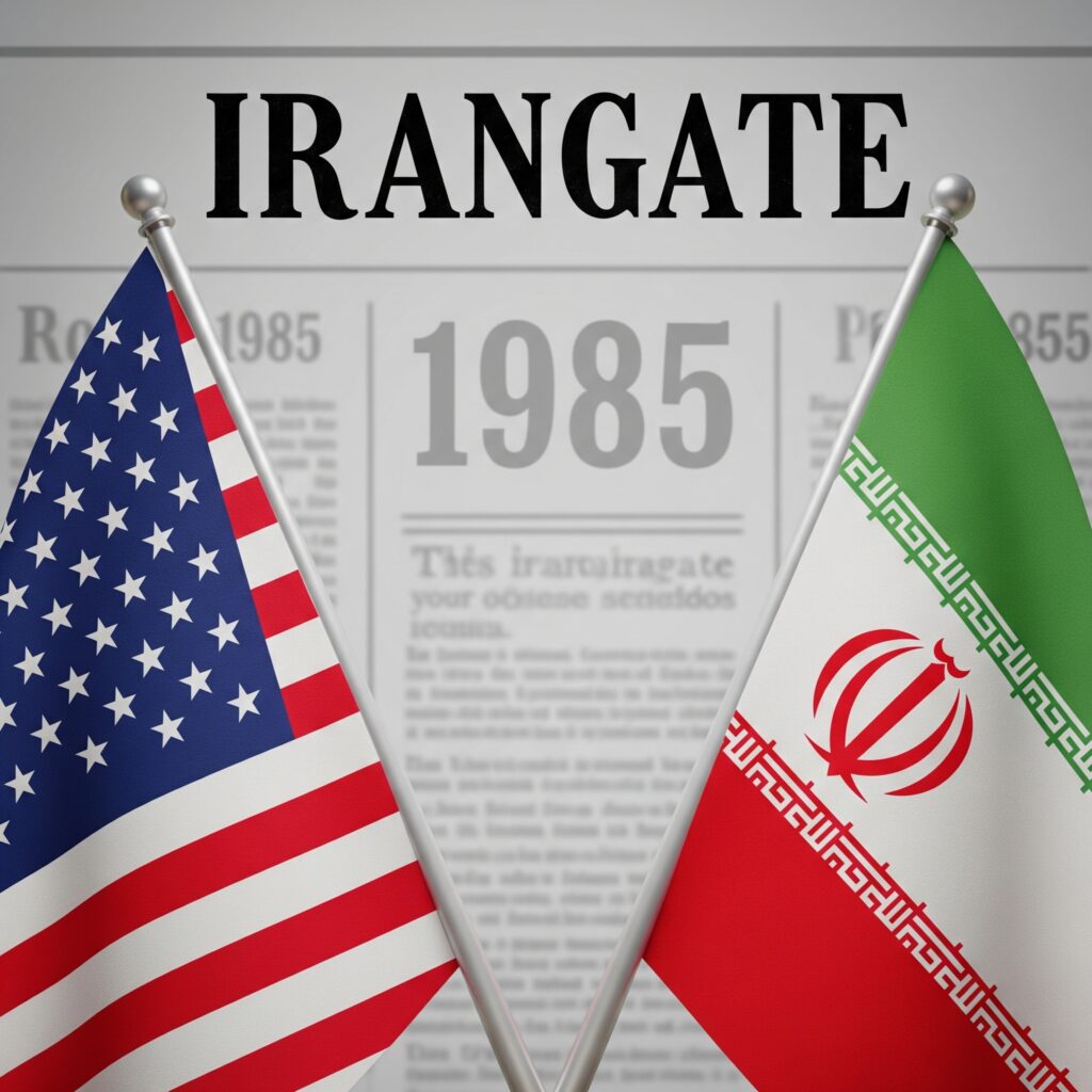 La bandiera Usa e quella dell'Iran con la al centro il nome dello scandalo Irangate e l'anno di inizio della vicenda il 1985