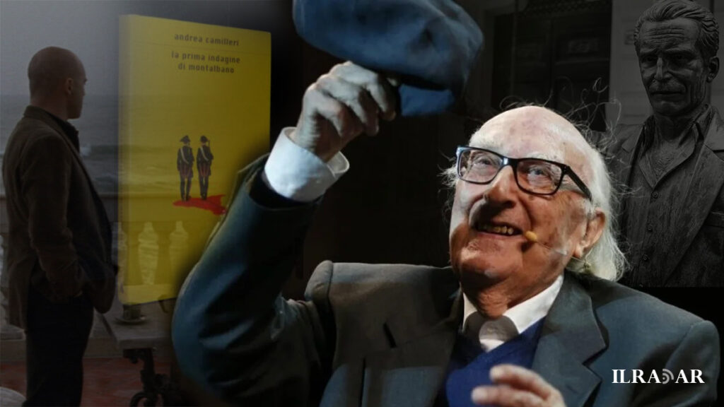 Andrea Camilleri nell'atto di interpretare Conversazioni su Tiresia. A sinistra e a destra le due iconografie di Montalbano. Sullo sfondo uno scorcio di veduta siciliana