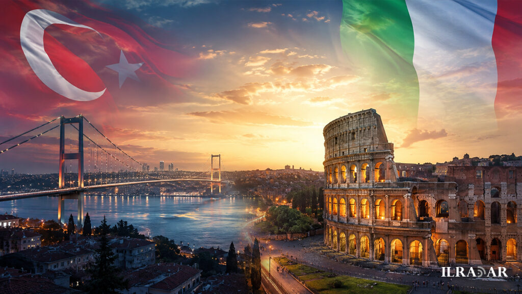 İtalya ve Türkiye bayraklarıyla Boğaziçi Köprüsü ve Kolezyum manzarası
