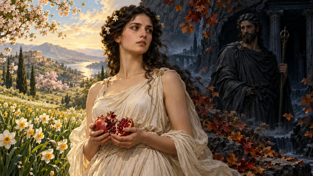 Persefone con la melagrana, tra la primavera e il regno di Ade: una rappresentazione simbolica del mito e del ciclo delle stagioni.