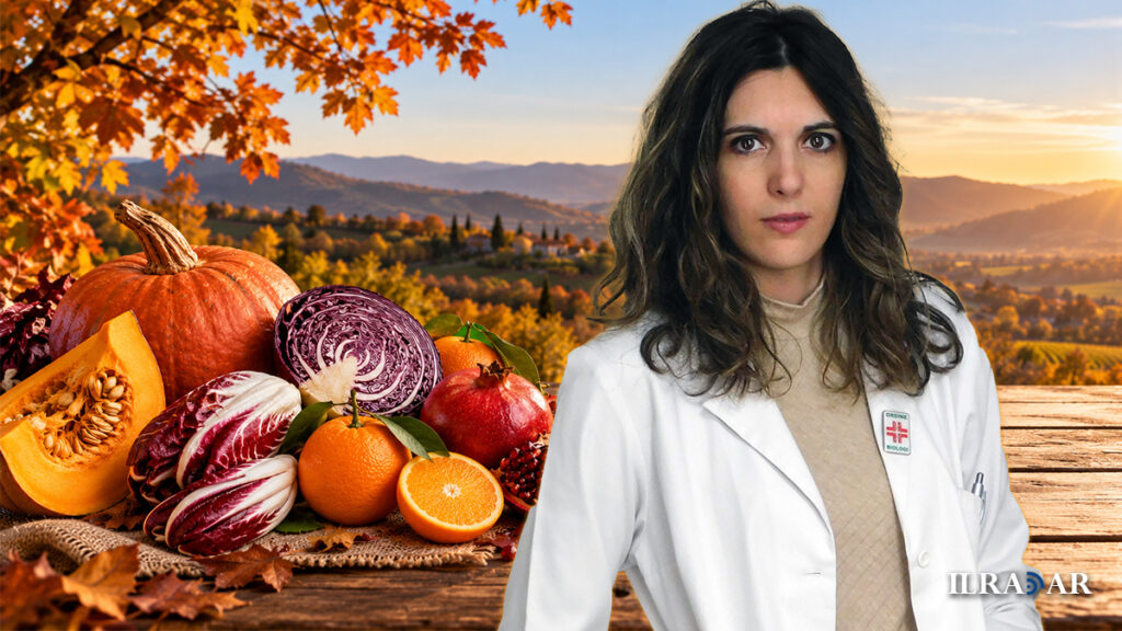 Alcuni frutti con i colori dell'autunno. A destra la biologa nutrizionista Giulia Iervolino